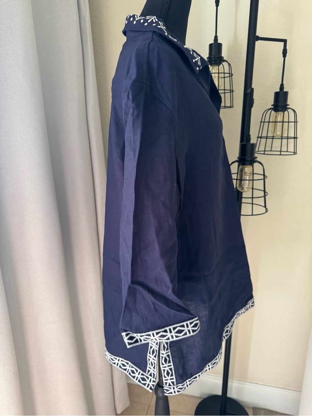 NM Neiman Marcus 100% Linen Navy Embroidered Tunic Dress XL Boho Coastal - Picture 6 of 8